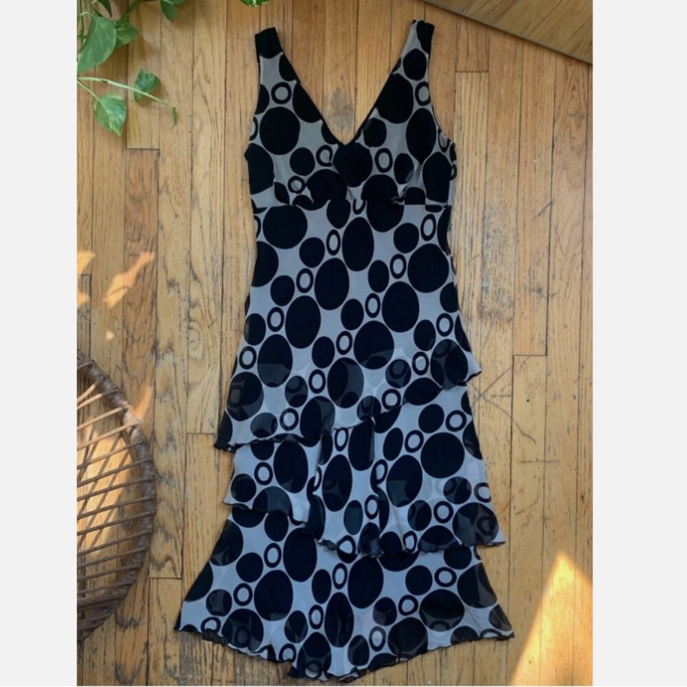 Vtg Jonathan Martin Silk Polka Dot Dress Tiered Ruffle Hem V-neck Asymmetrical